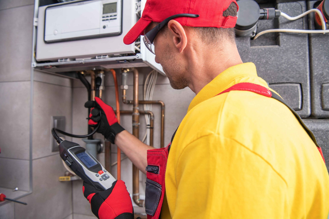 Technician inspecting an electrical unit with a multimeter in a utility room