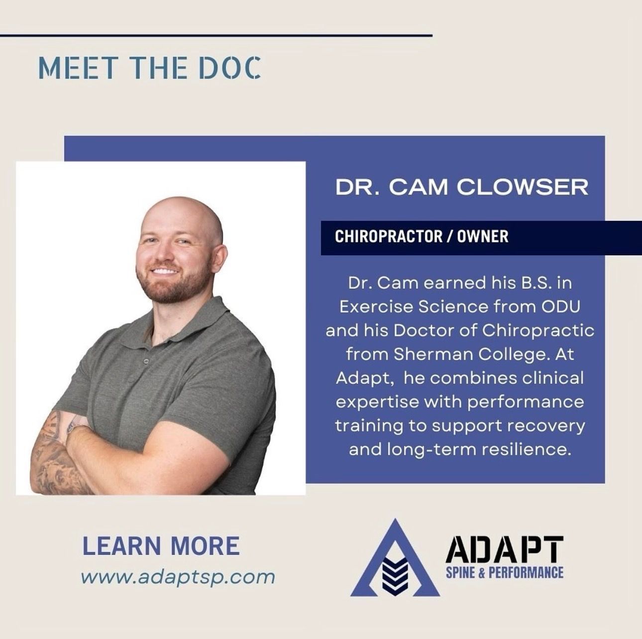 Dr. Cam Clower staff profile with portrait, bio text, and Adapt Spine & Performance logo on blue background