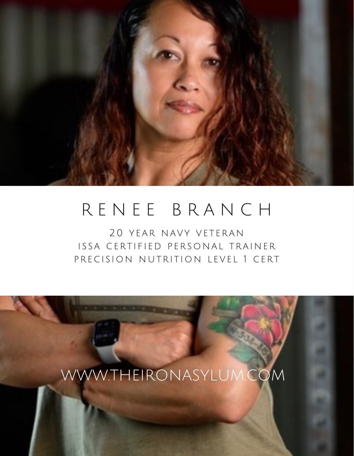 Portrait of Renee Branci with tattooed arms, wearing a black top and arms crossed, with name text overlay.