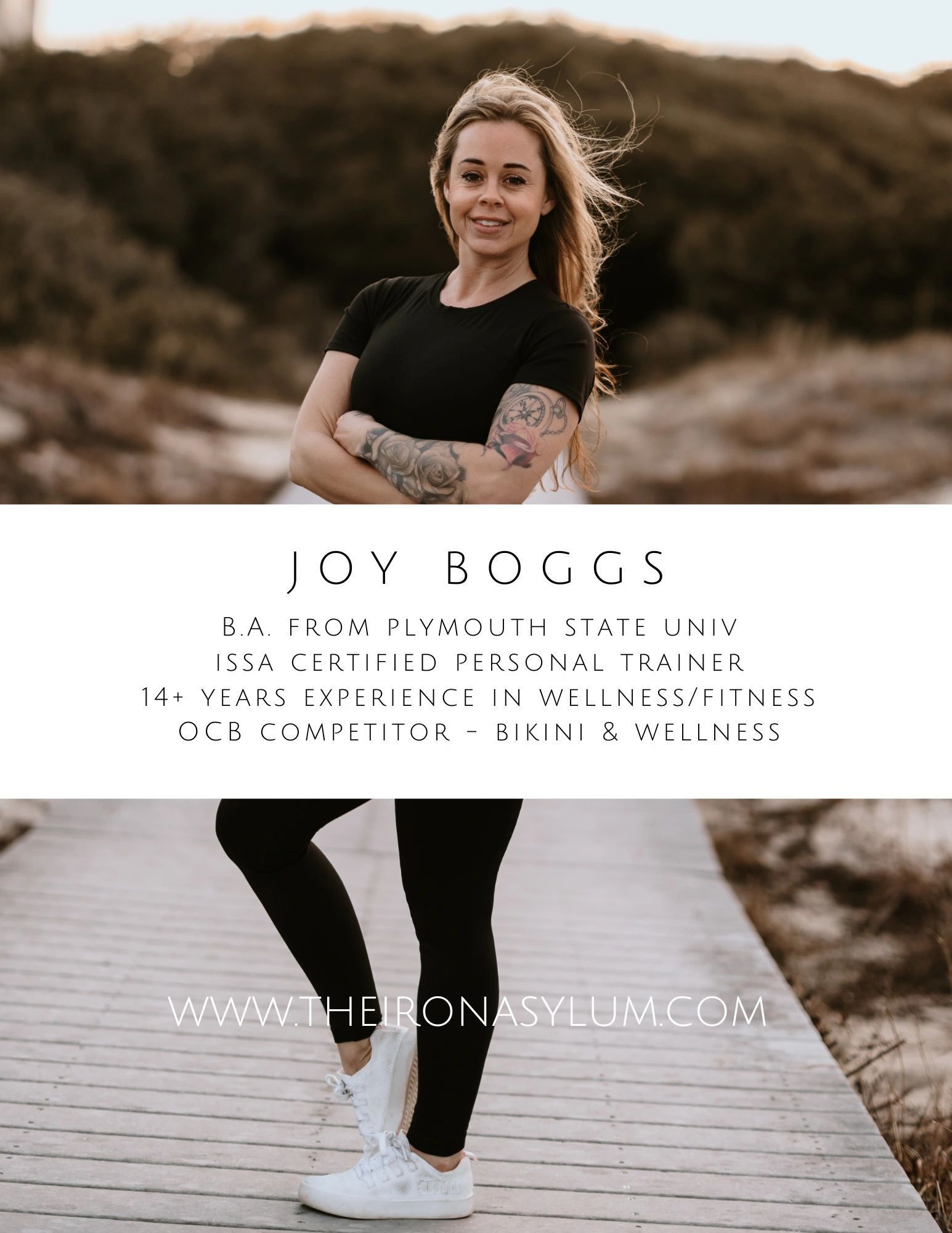 A woman is standing on a wooden boardwalk with her arms crossed.