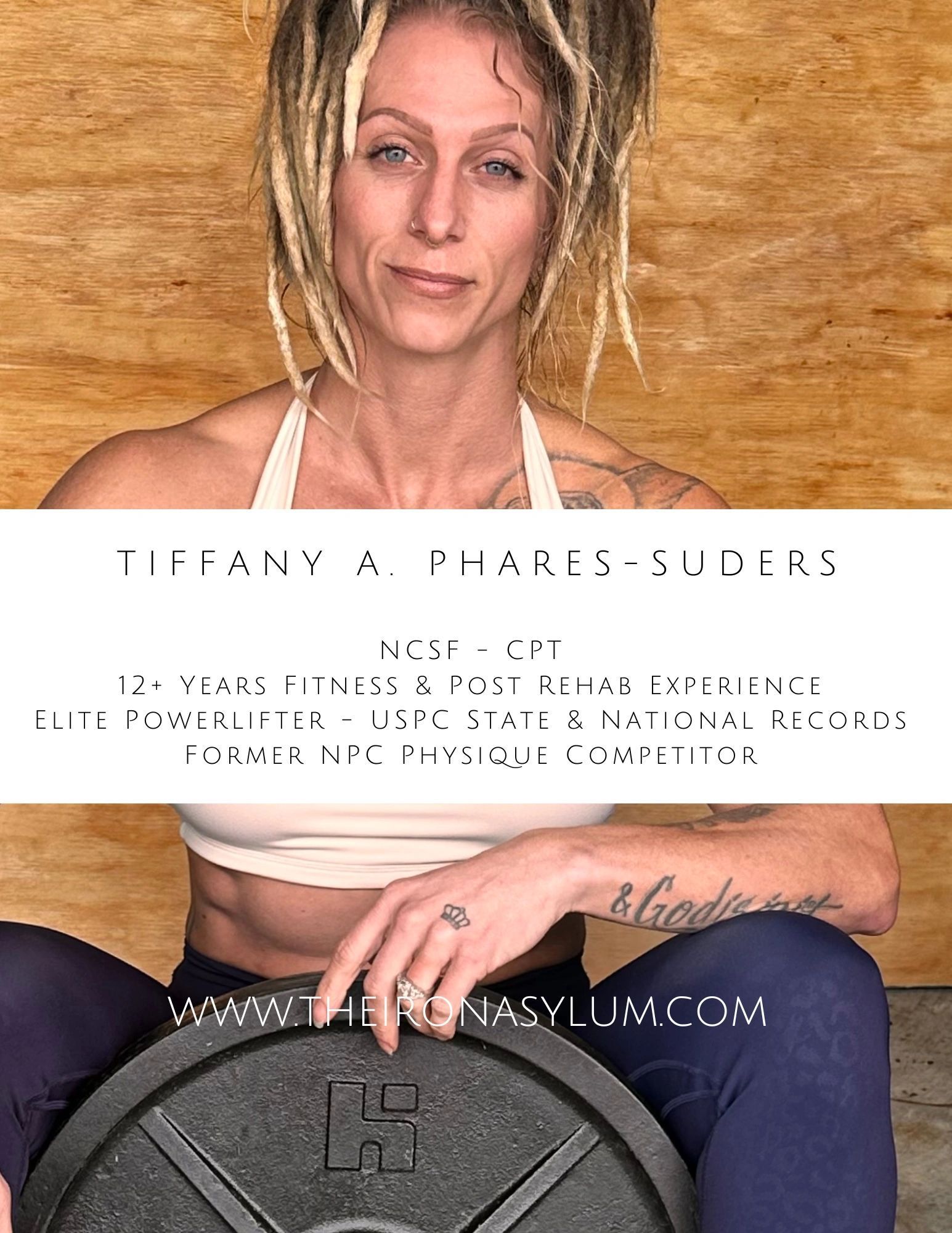 A woman with dreadlocks is holding a barbell in her lap.