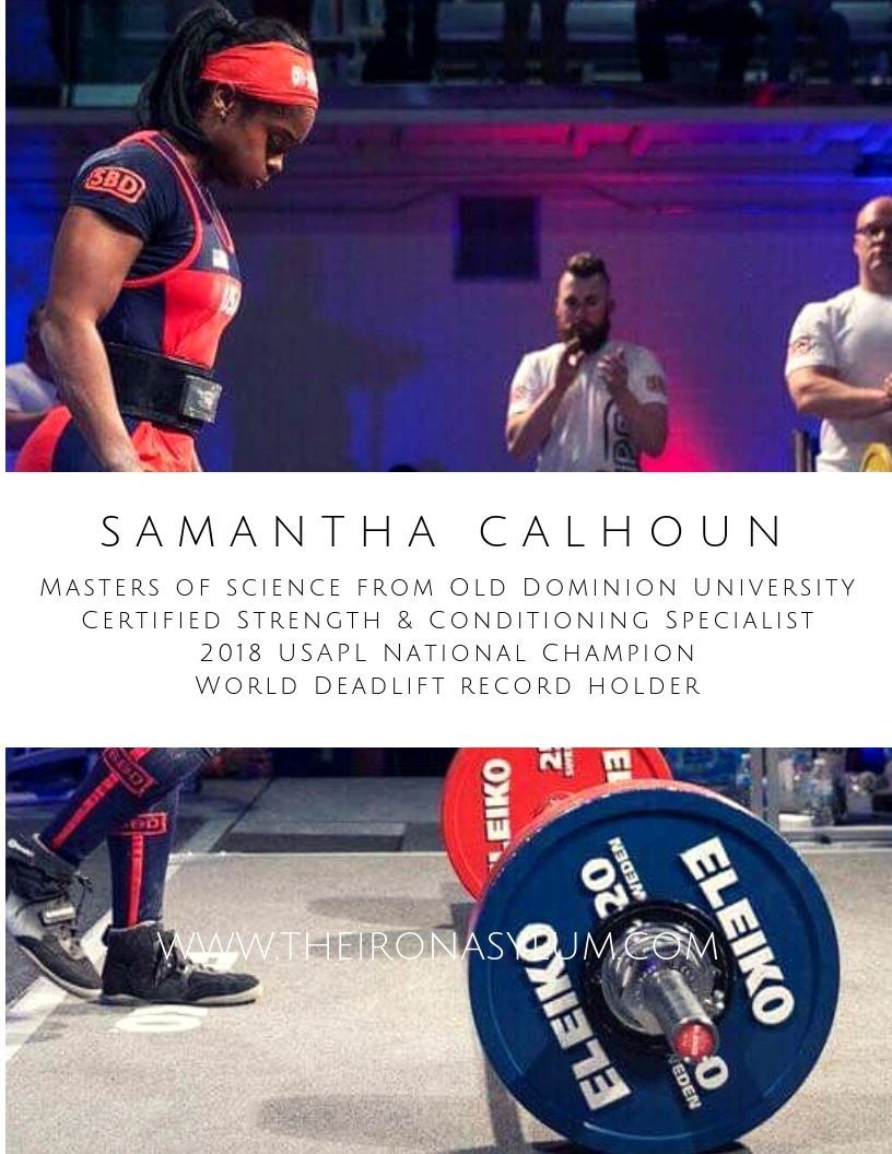 A picture of a woman lifting a barbell with the name samantha calhoun on it