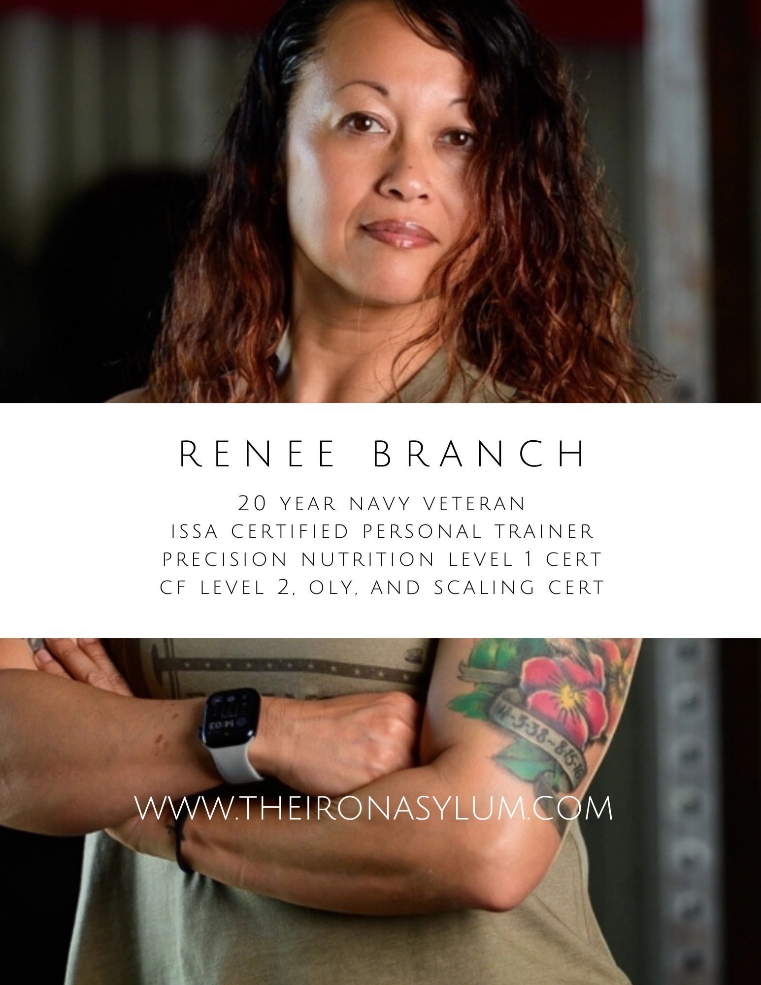 A woman with a tattoo on her arm is standing with her arms crossed.