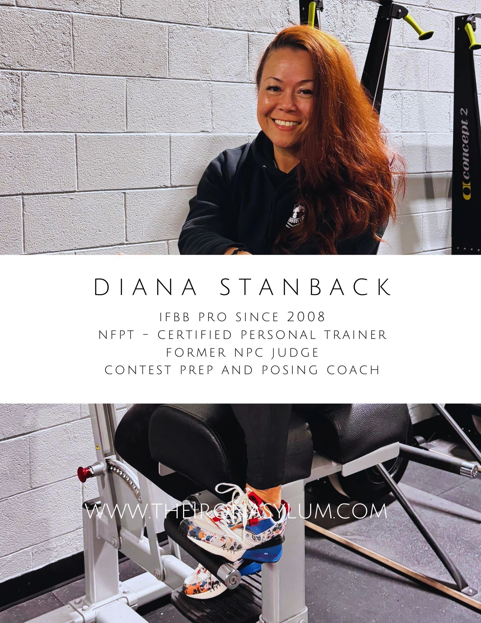 A woman is sitting on a bench in a gym and smiling.