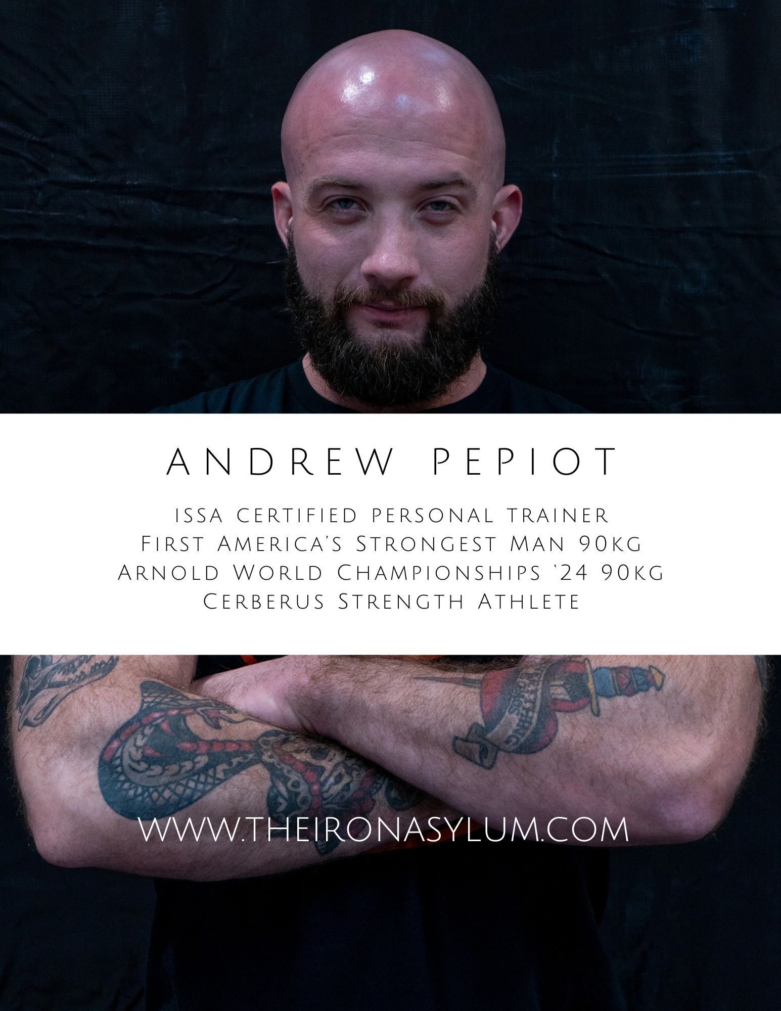 A bald man with a beard and tattoos is standing with his arms crossed.