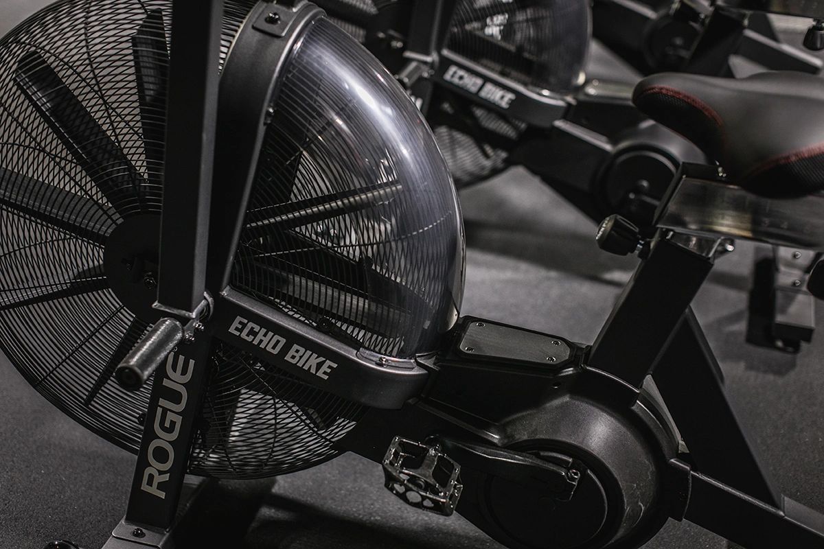A close up of a rogue echo bike in a gym