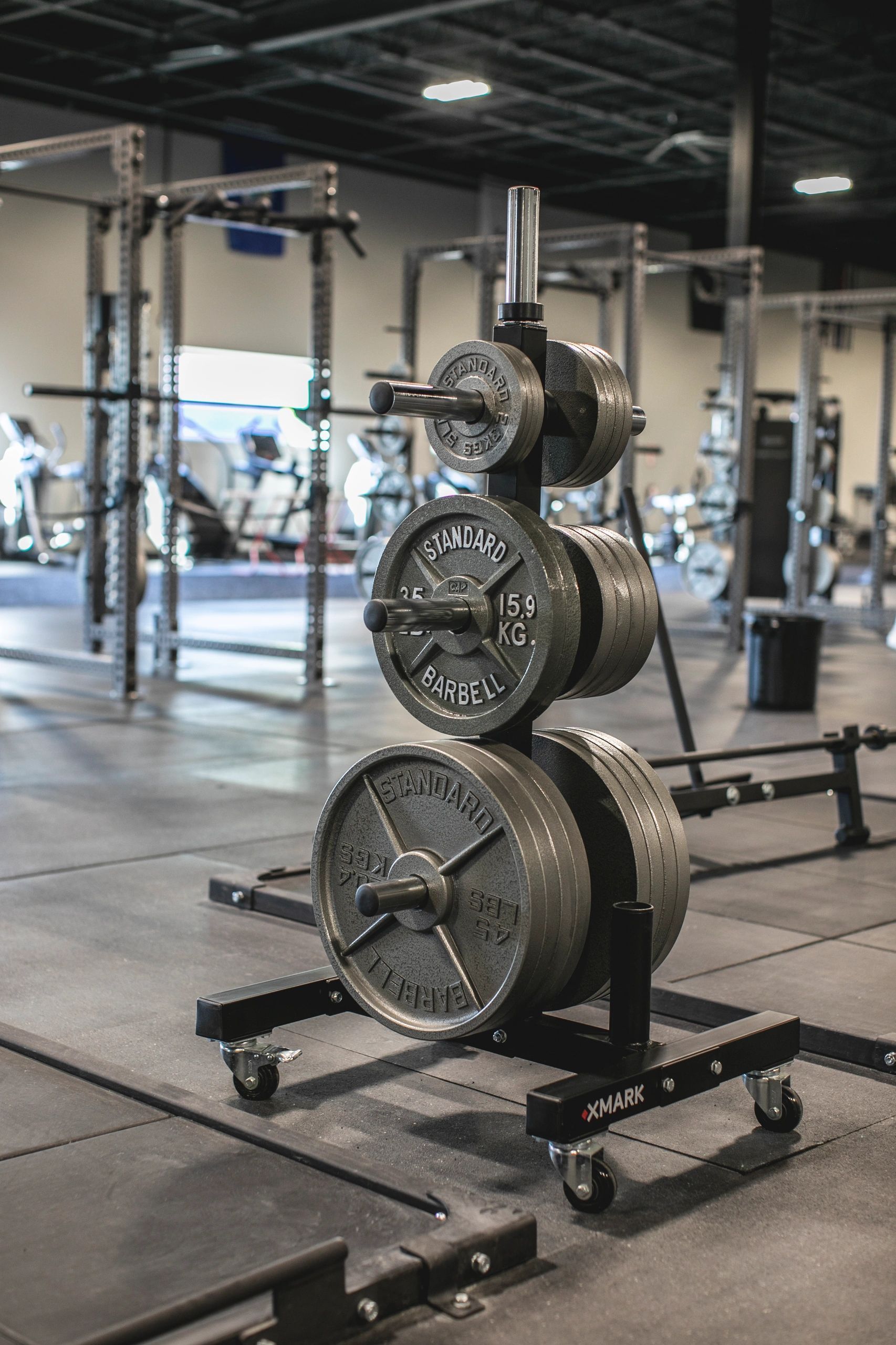 A row of weight plates are stacked on top of each other in a gym.