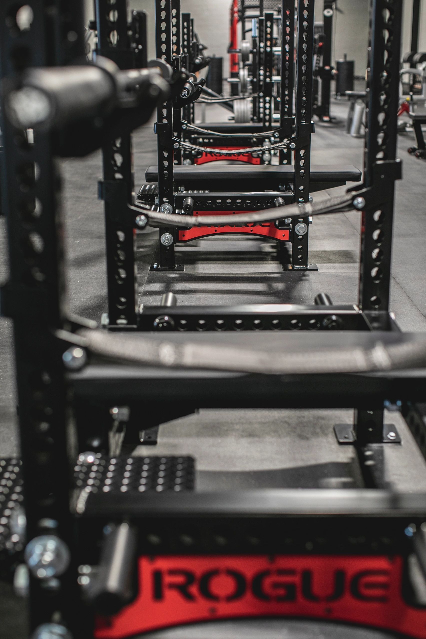 A row of rogue gym equipment in a gym.