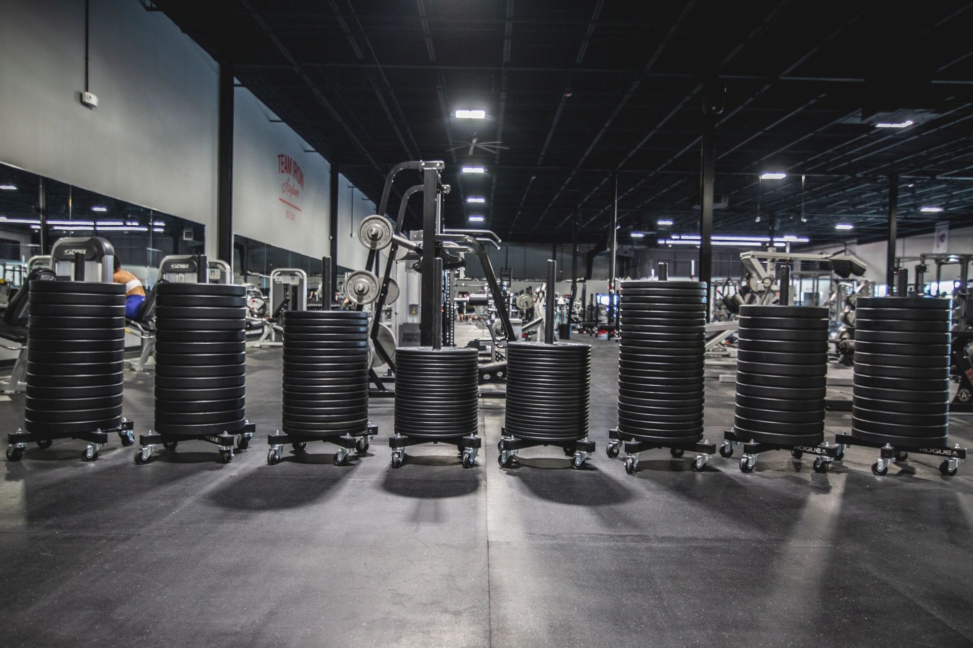 A gym with a lot of weights on wheels