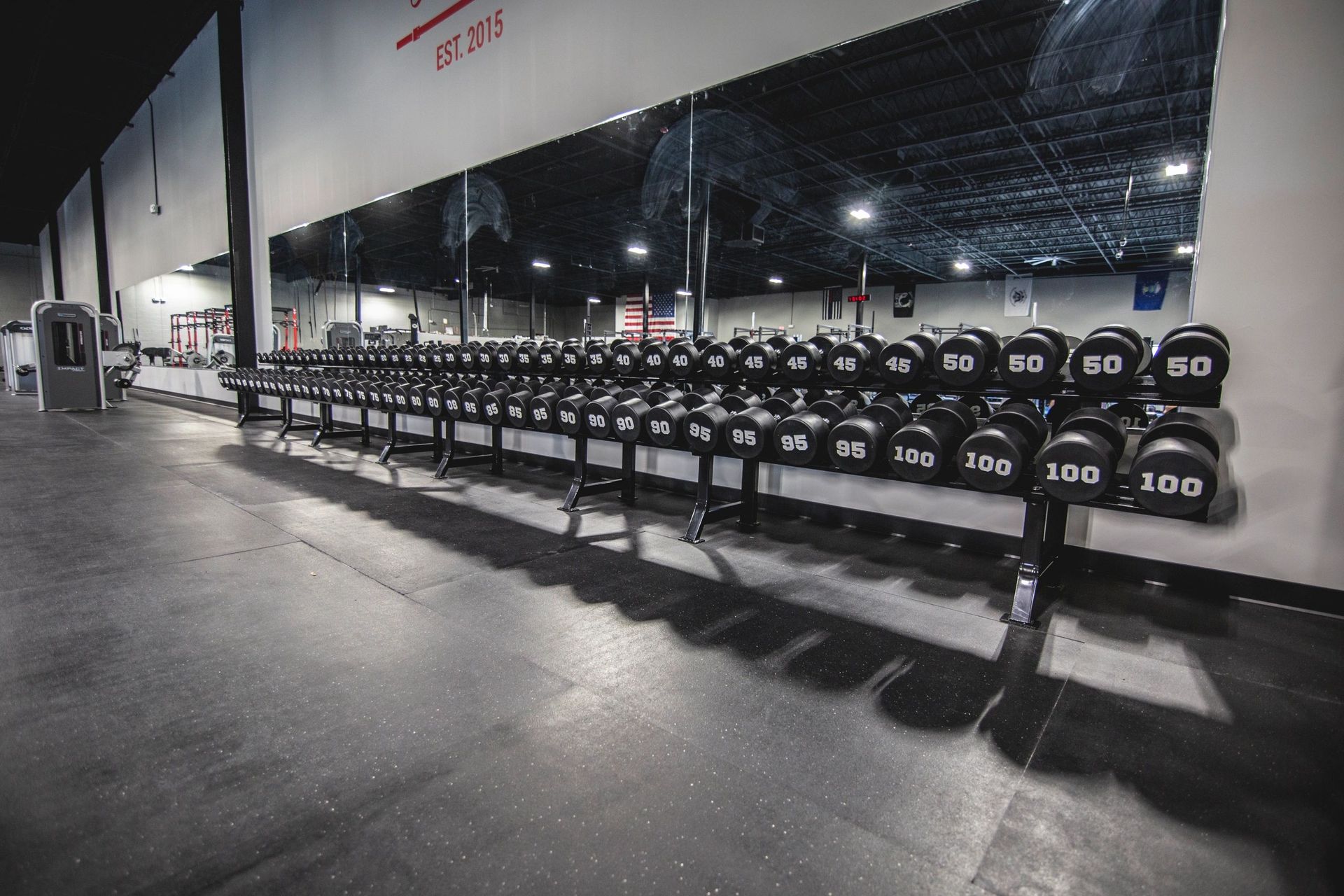 A row of dumbbells are lined up in a gym in front of a large mirror.