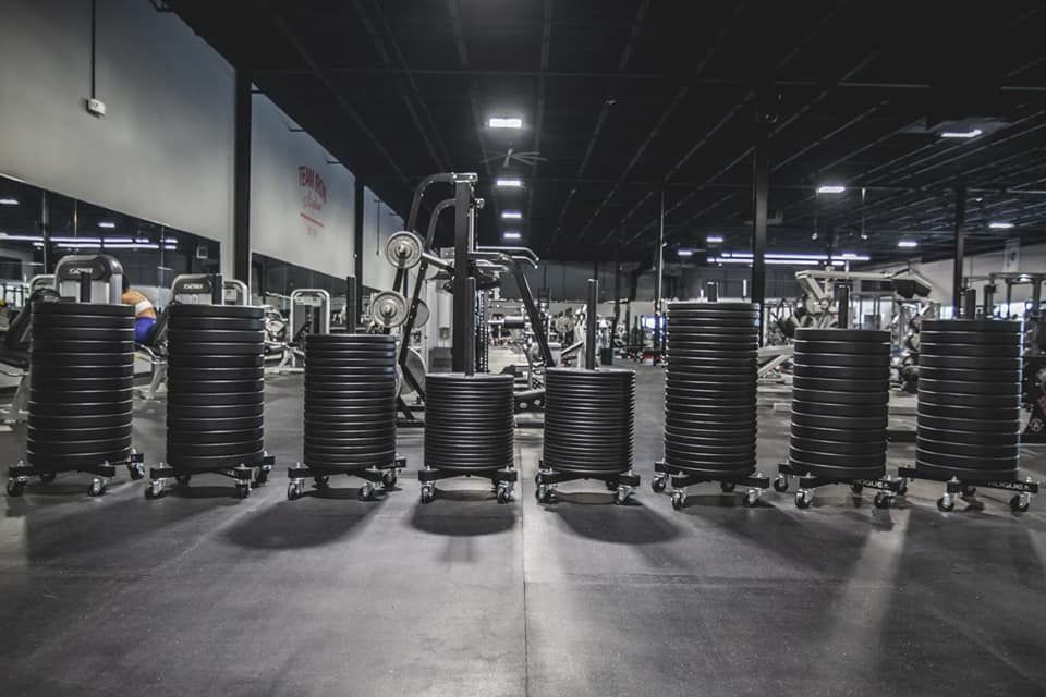 A gym filled with lots of weights and exercise equipment.
