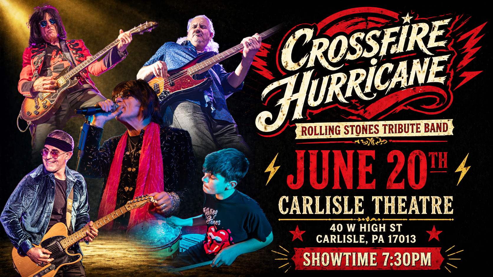 Crossfire Hurricane and Cutting Room show poster with band performing onstage in red and purple lights