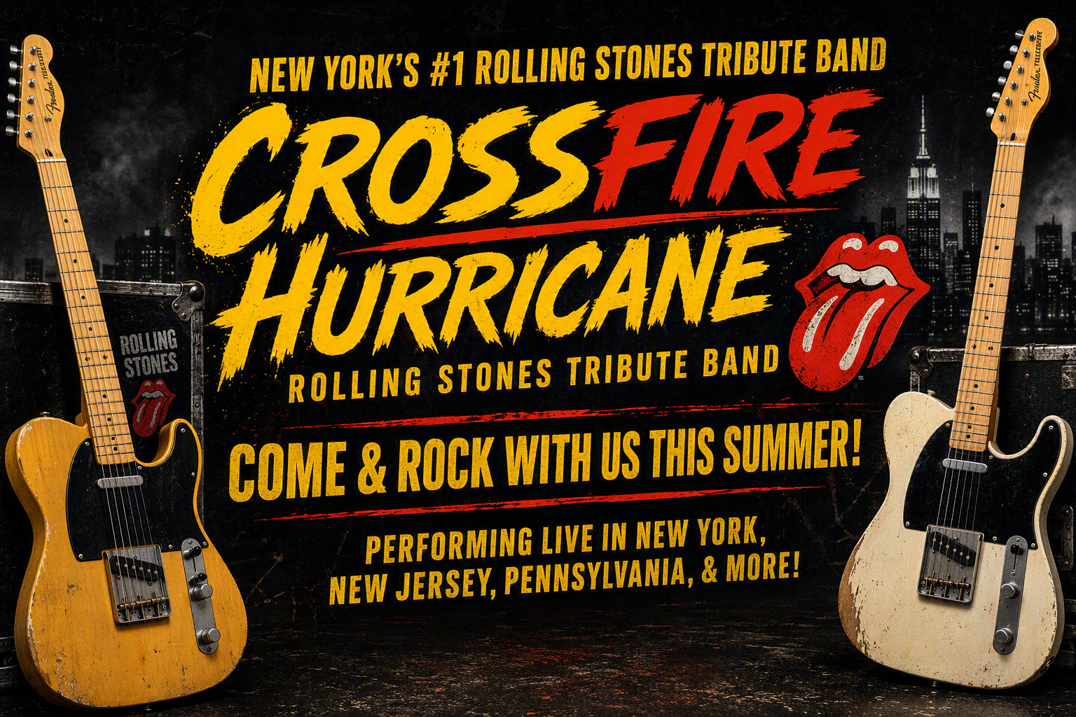 Crossfire Hurricane and Cutting Room show poster with band performing onstage in red and purple lights