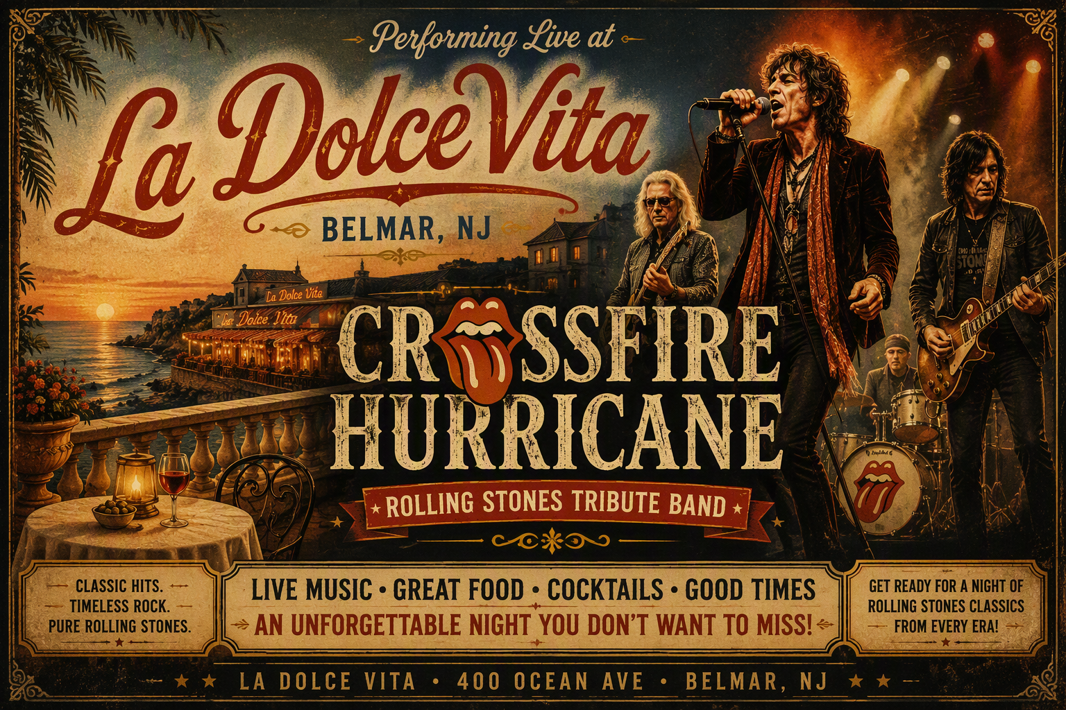 Crossfire Hurricane and Cutting Room show poster with band performing onstage in red and purple lights