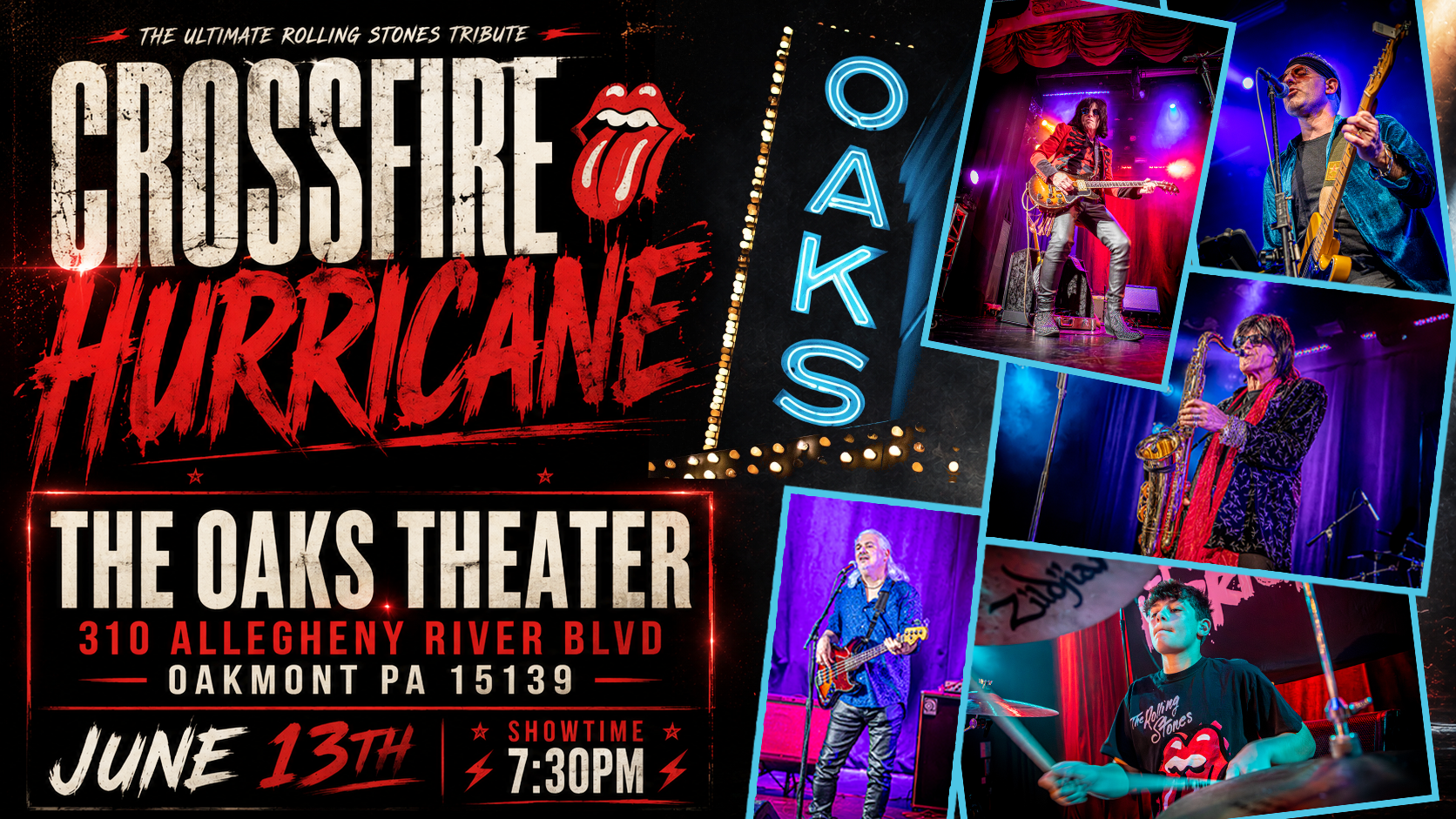 Crossfire Hurricane and Cutting Room show poster with band performing onstage in red and purple lights