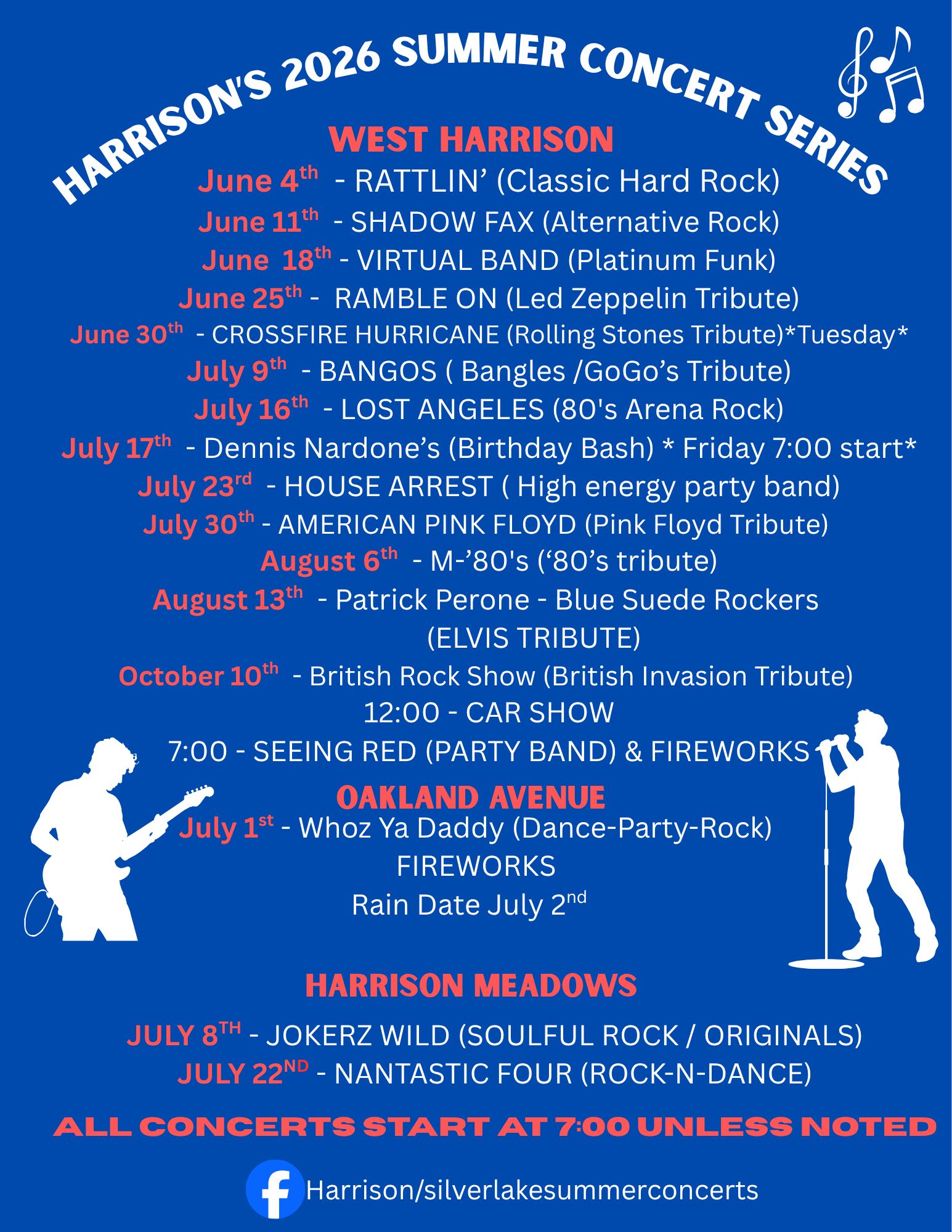 Blue flyer for “Marison’s 2026 Summer Concert Series” listing West Harrison, Harboring Meadows, and events.