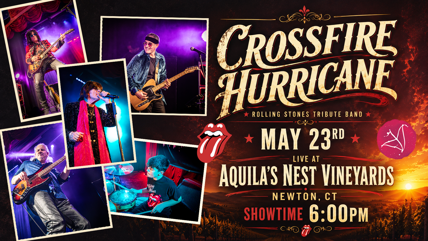 Crossfire Hurricane and Cutting Room show poster with band performing onstage in red and purple lights