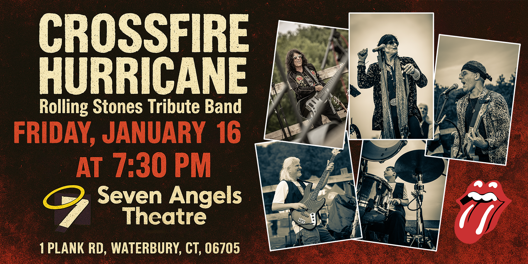 Concert poster: Crossfire Hurricane at The Cannery Music Hall, Southbridge, MA, December 13th, 8 PM. Features Rolling Stones logo and band photos.