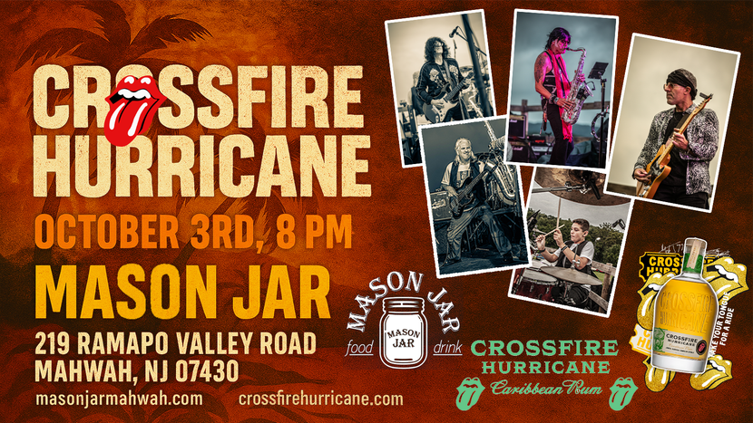 Concert poster for Crossfire Hurricane Live at The Mason Jar, Mahwah, NJ - Showtime 8:00 PM