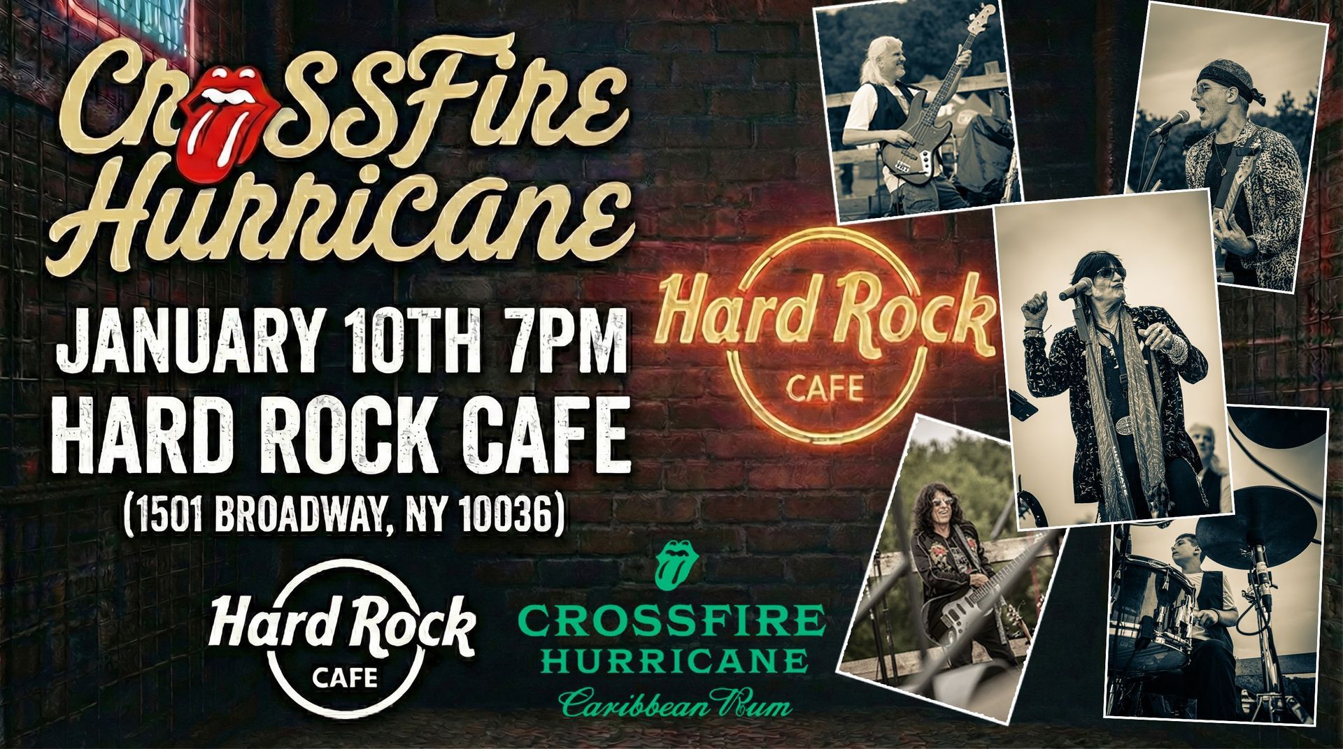 Crossfire Hurricane at Hard Rock Cafe: January 10th, 7PM.  Event flyer with band photos and logo.