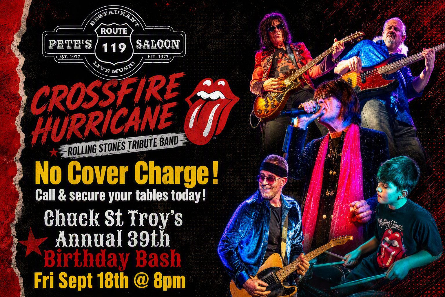 Crossfire Hurricane and Cutting Room show poster with band performing onstage in red and purple lights