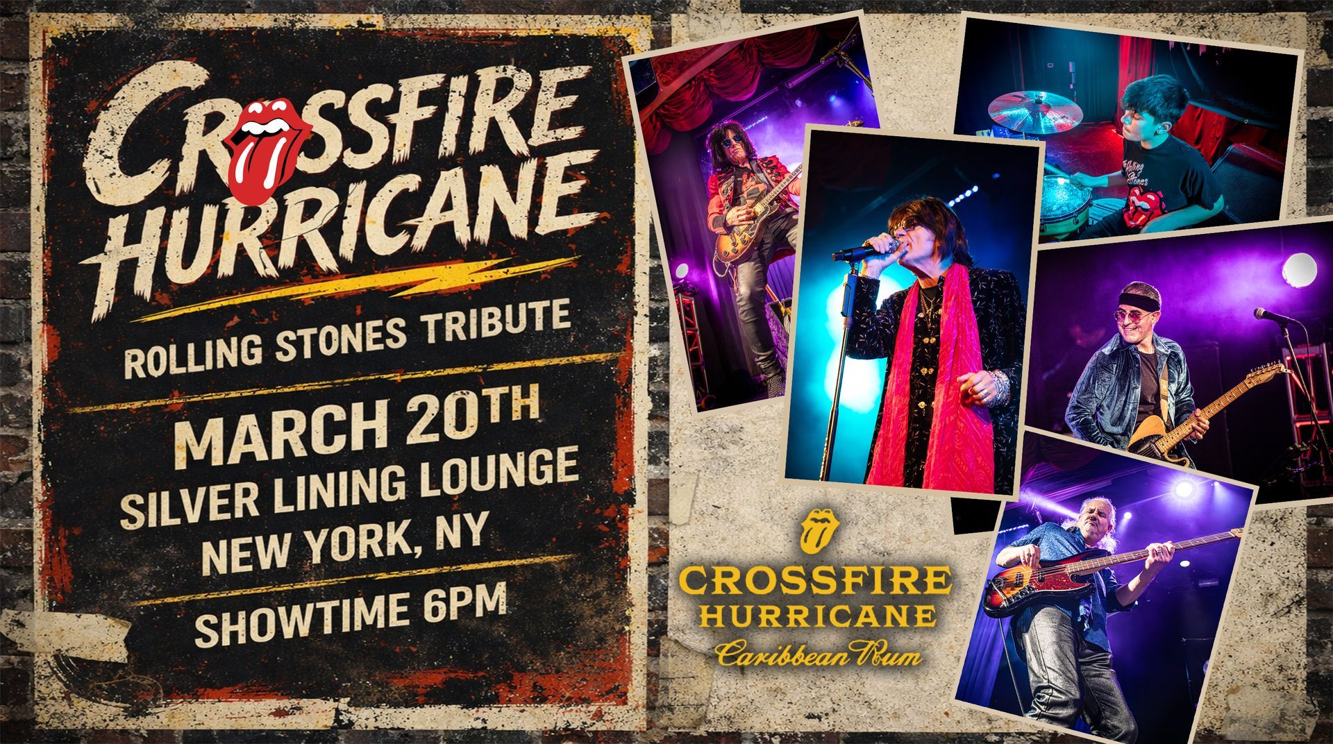 Event flyer for Crossfire Hurricane, a Rolling Stones tribute band, performing March 20th at Silver Lining Louge New York, NY, Showtime: 6PM