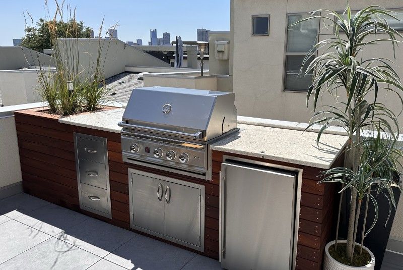 A rooftop kitchen with a grill and a potted plant