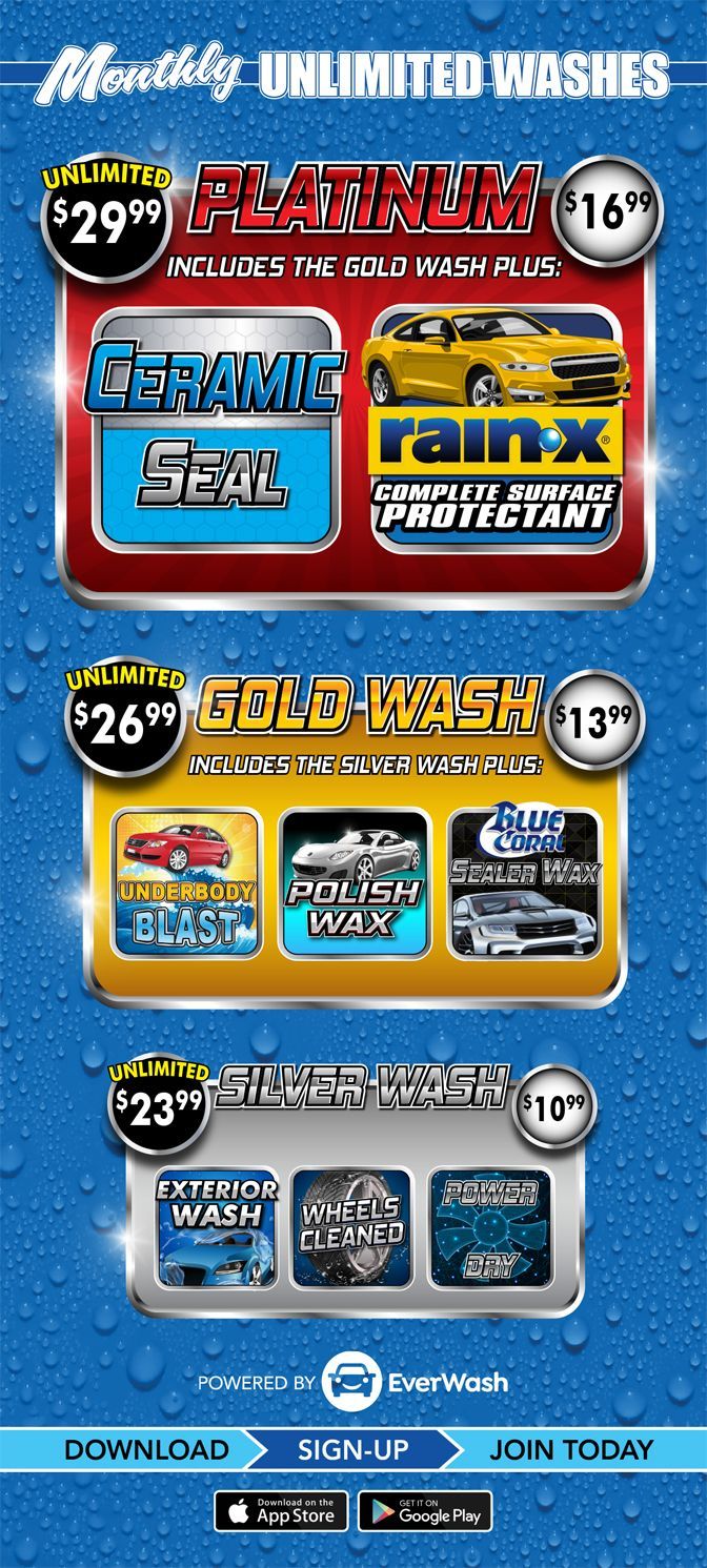Car wash promotion: Unlimited monthly washes with different packages, pricing, and features advertised.