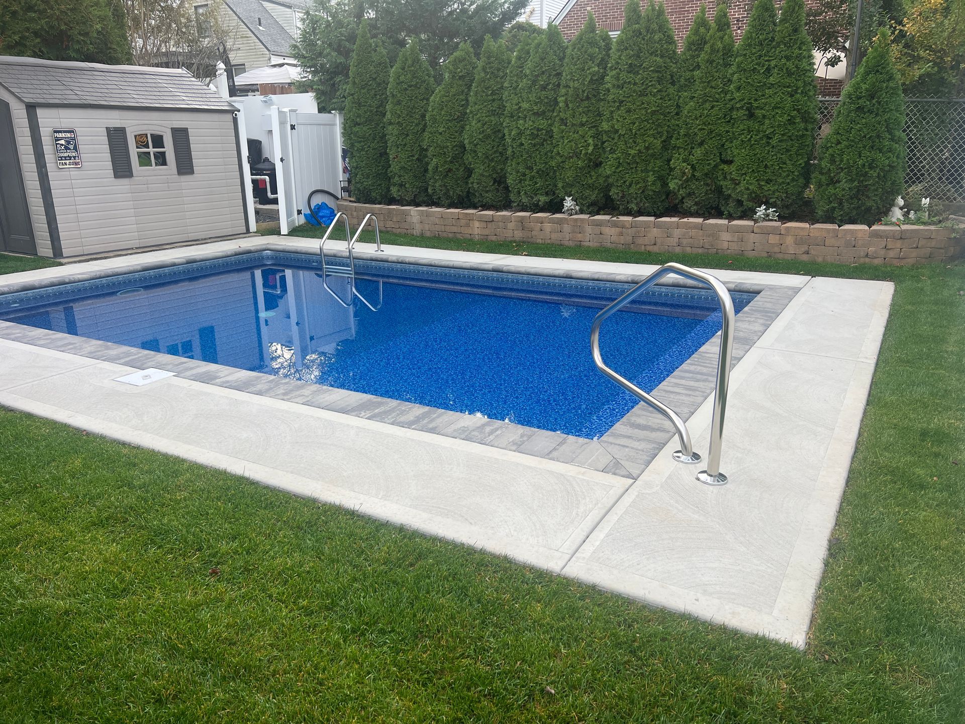 Backyard in-ground pool with blue water, stainless steel handrails, and a concrete deck bordered by grass and hedges