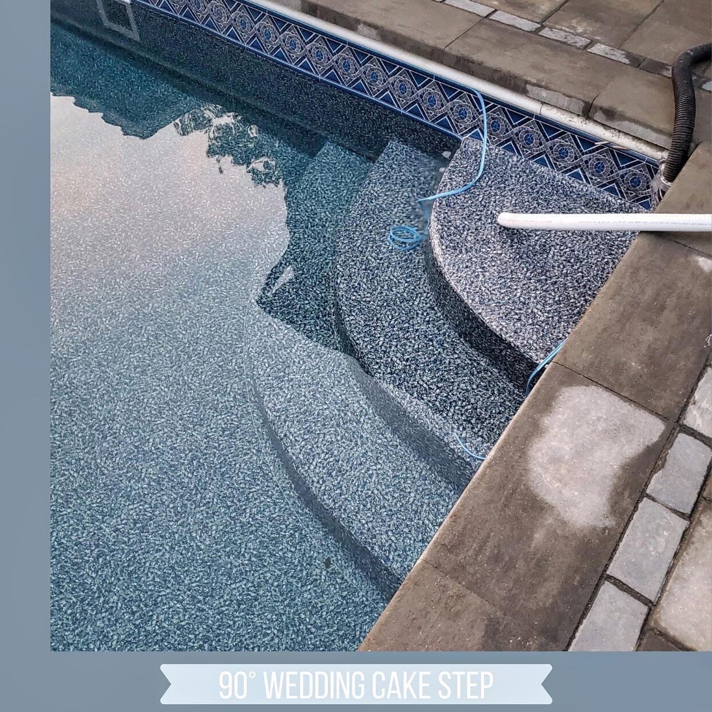 Swimming pool corner with blue water, textured deck, and “90' wedding cake step” label.