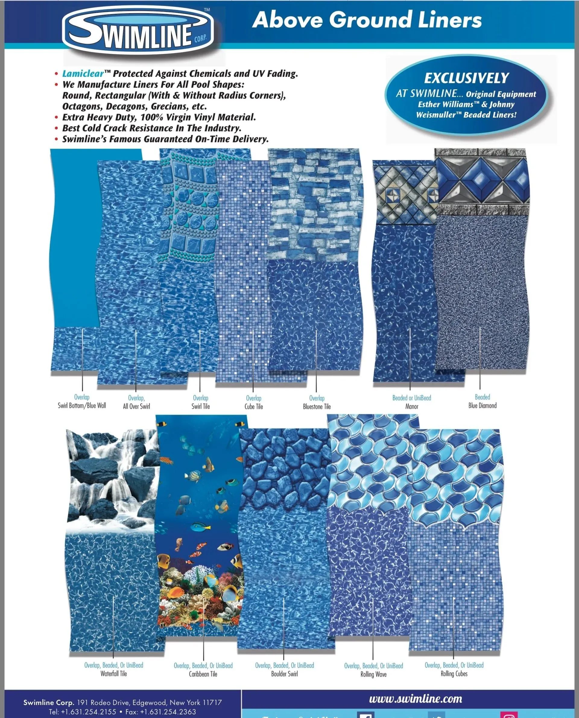 Blue swimming pool liner catalog page with multiple patterned liner samples and product details