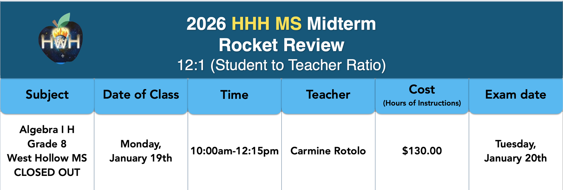 A table with Rocket Review information for Algebra I H. It is on January 19th from 10:00-12:15pm with teacher Carmina Botolo. The Exam date is Tuesday, January 20th.
