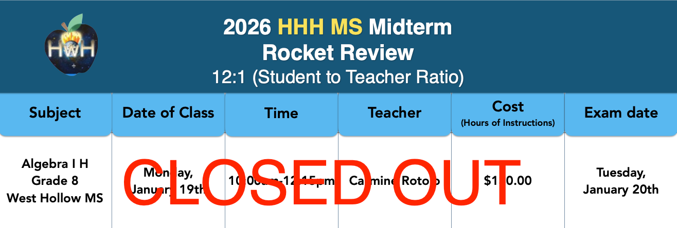 A table with Rocket Review information for Algebra I H. It is on January 19th from 10:00-12:15pm with teacher Carmina Botolo. The Exam date is Tuesday, January 20th.