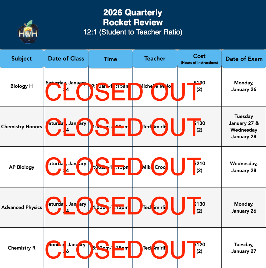 Schedule for 2026 Quarterly Rocket Review. Includes subjects, dates, times, teachers, costs, and exam dates.