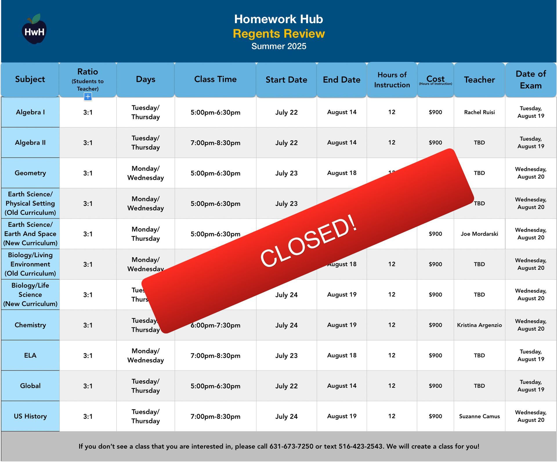 REGENTS CLASSES (grades 8-12) 