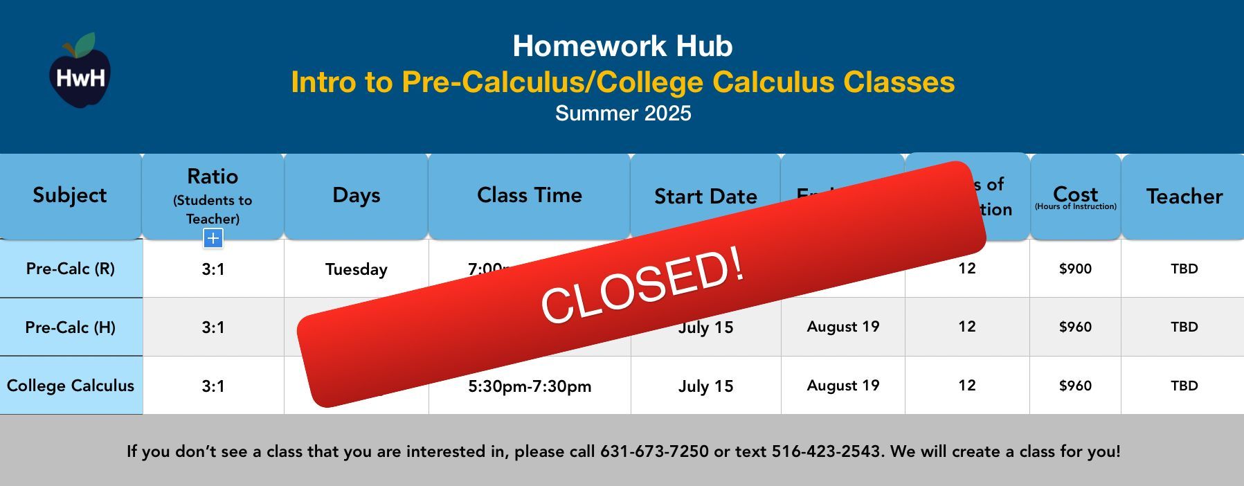 PRE-CALC, PRE-CALC HONORS & COLLEGE CALC (grades 11-12) 