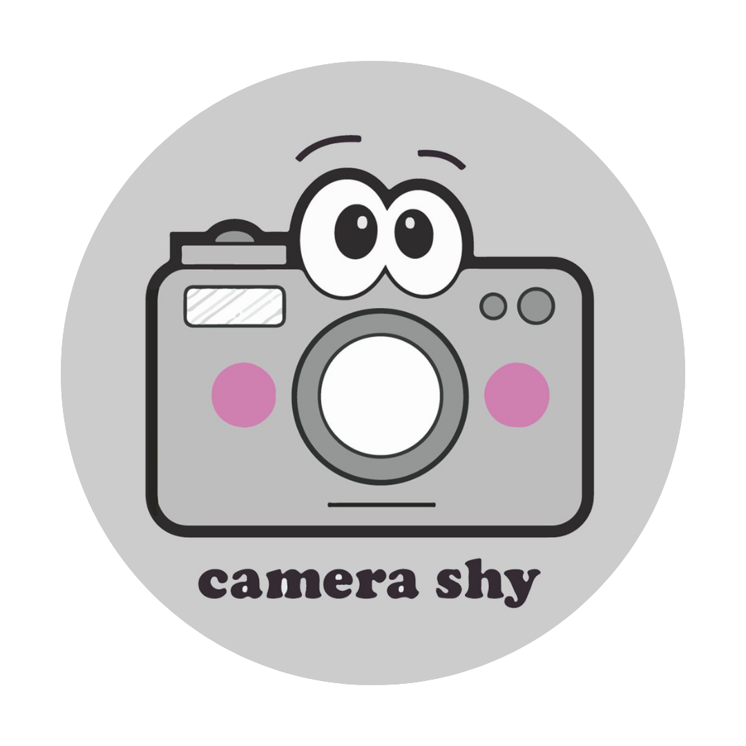 Gray camera with eyes and blush on a gray circle, text reads