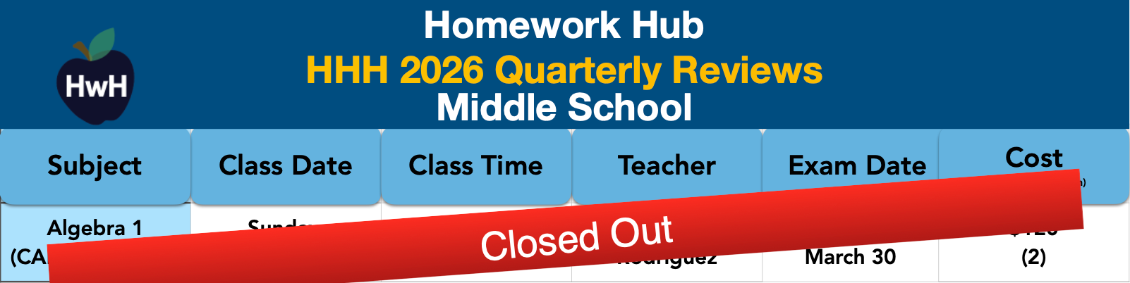 A table with Rocket Review information for Algebra I H. It is on January 19th from 10:00-12:15pm with teacher Carmina Botolo. The Exam date is Tuesday, January 20th.