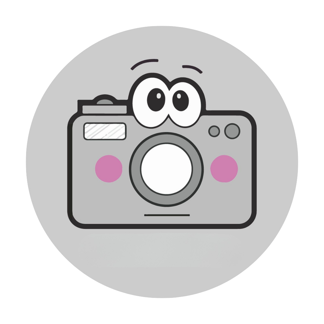 Cartoon camera with big eyes and rosy cheeks within a gray circle.