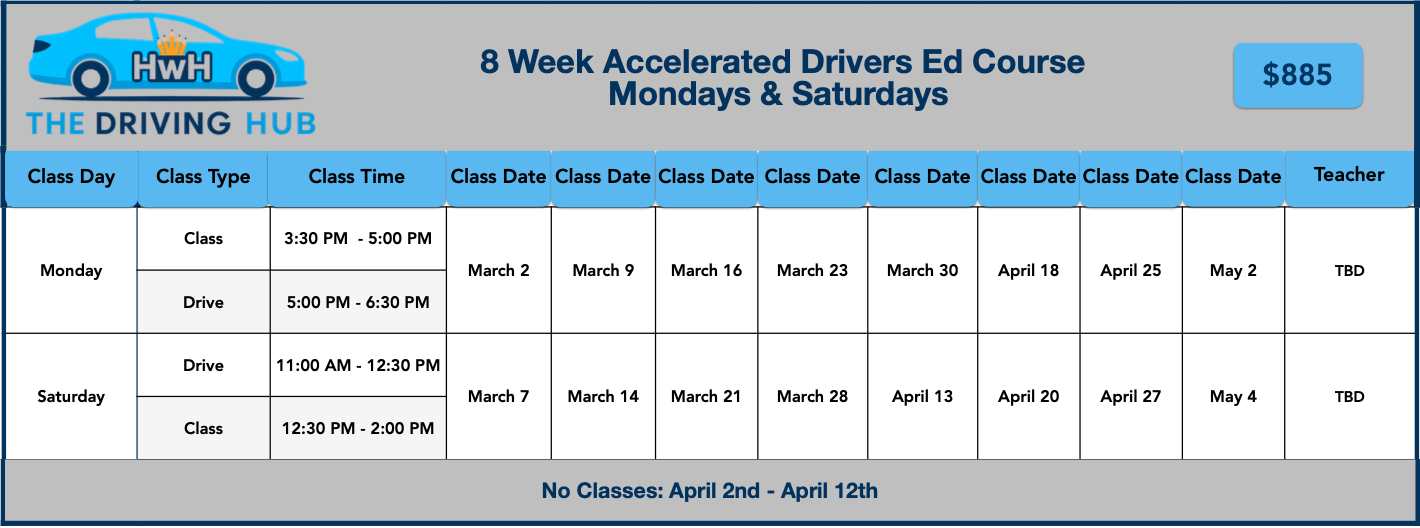 Driving school course schedule: 8-week accelerated course, Mondays & Saturdays. Dates, times, and class types listed.
