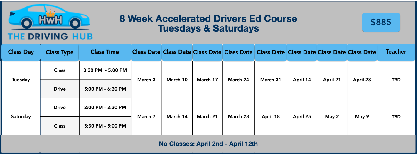 Driving school course schedule, blue and white color scheme. Includes dates and times for classes.