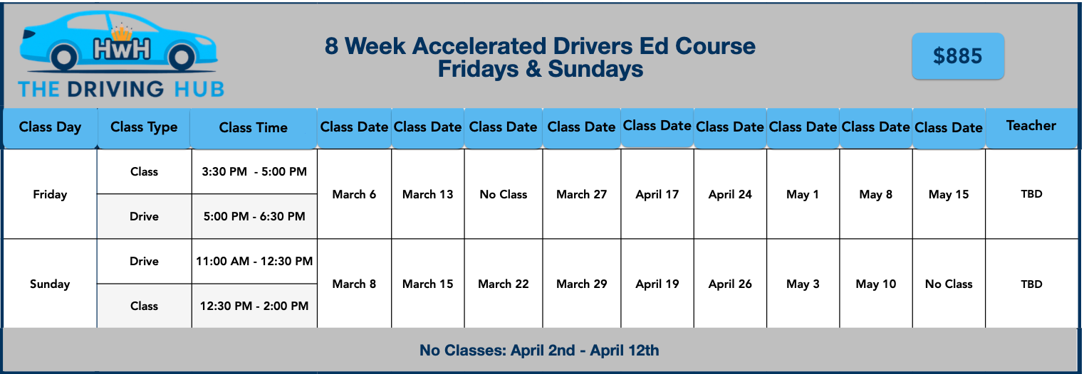 Schedule for an 8 week accelerated driver's education course offered on Fridays and Sundays by The Driving Hub.