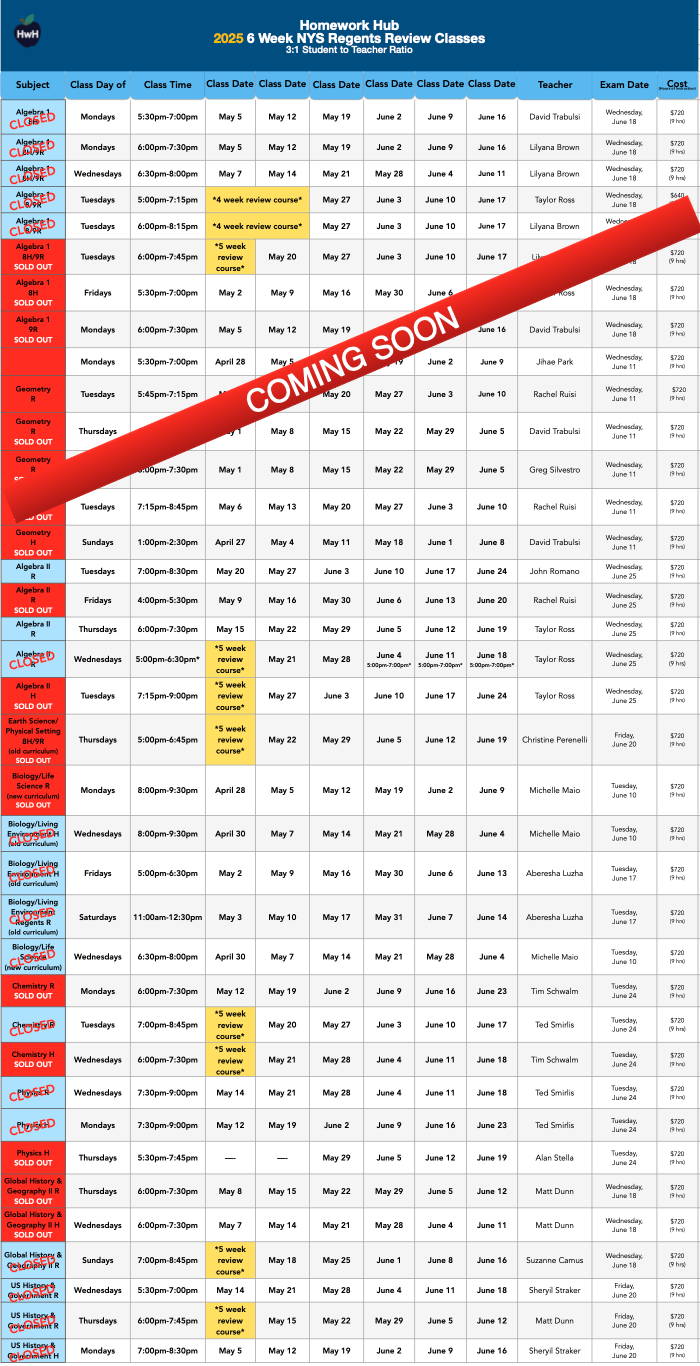 2025 6 Week NYS Regent Review Classes - 3:1 Student to Teacher Ratio