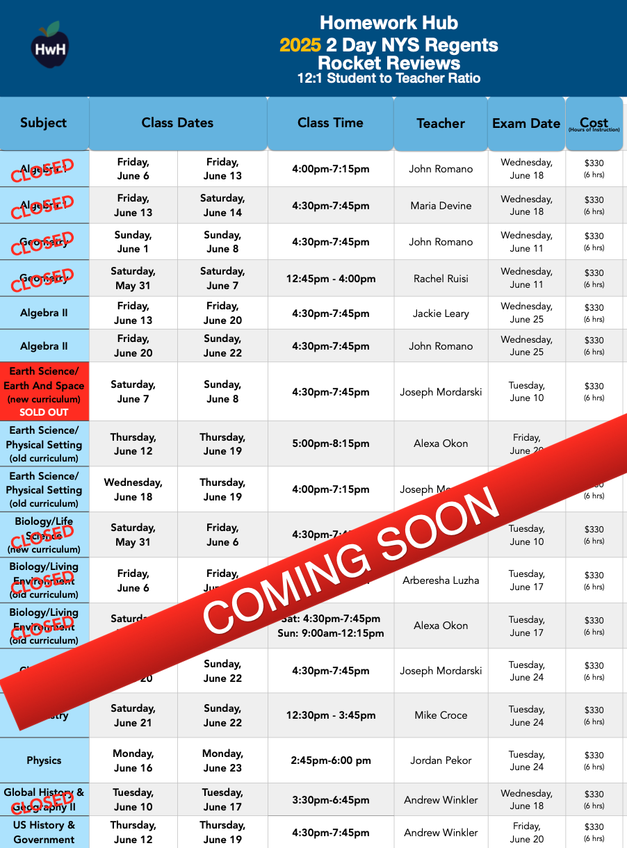 {12:1} 2 Day Regents Review Classes