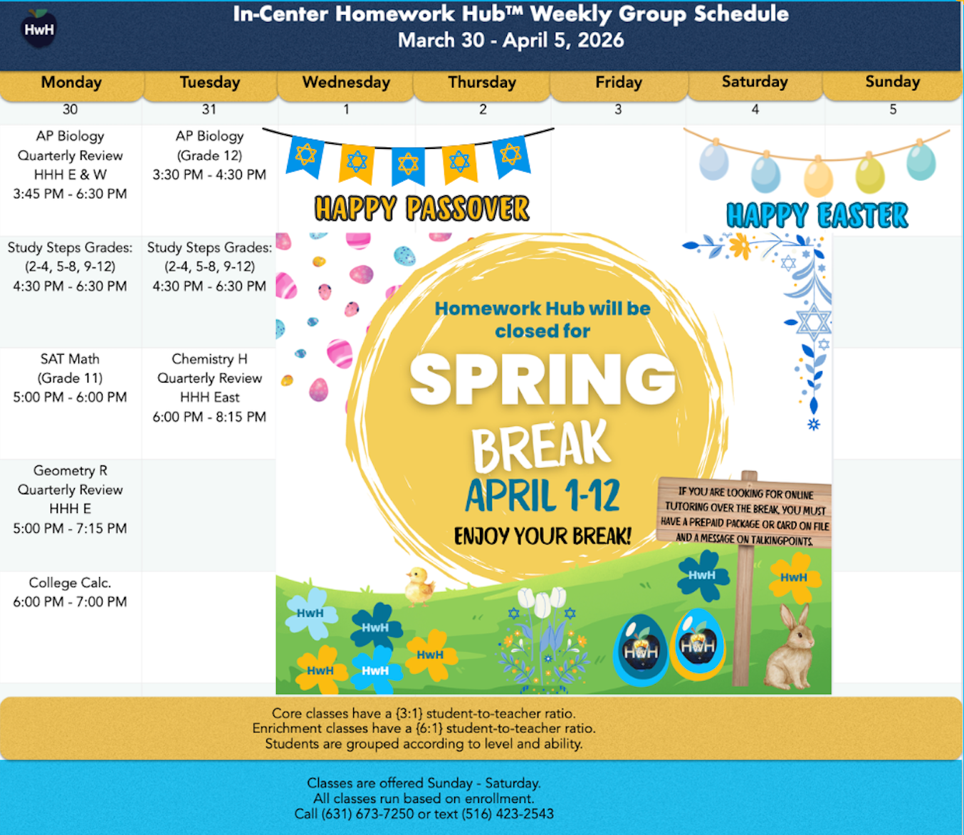 Weekly group schedule: Homework help, ACT prep, and subject tutoring sessions listed by day and time.