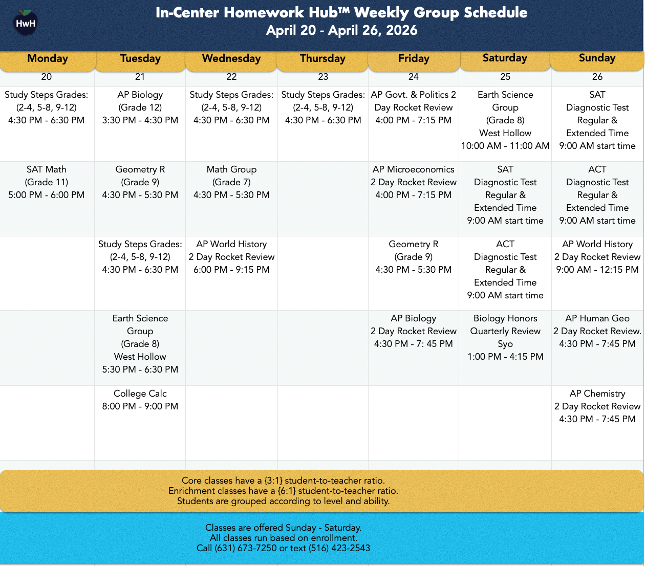 Weekly group schedule: Homework help, ACT prep, and subject tutoring sessions listed by day and time.