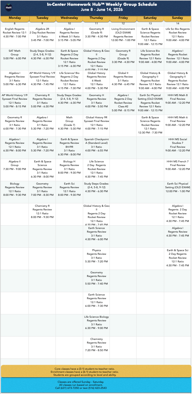 Weekly group schedule: Homework help, ACT prep, and subject tutoring sessions listed by day and time.