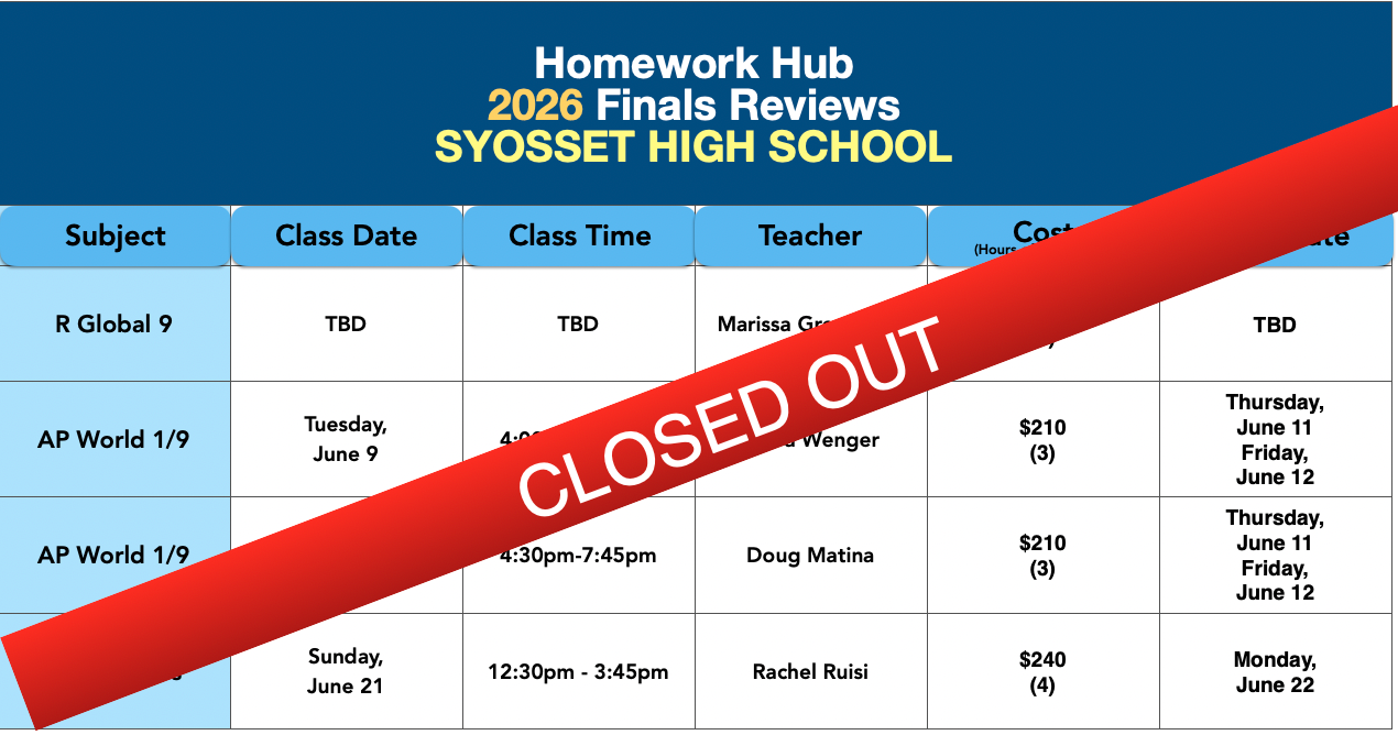 Syosset High School Final Review Classes