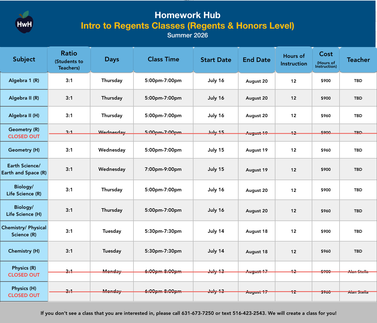 REGENTS CLASSES (grades 8-12)
