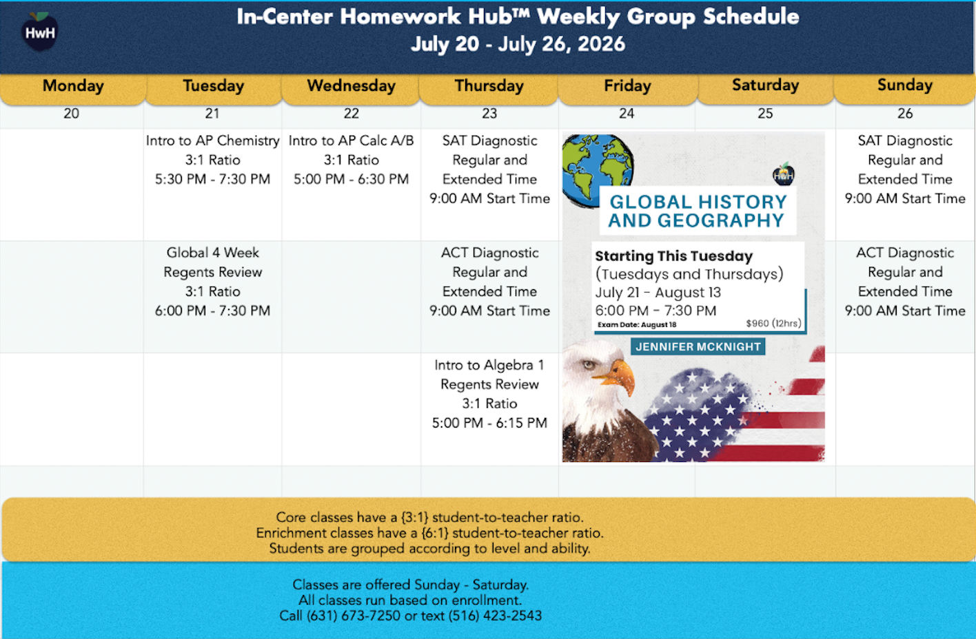 Weekly group schedule: Homework help, ACT prep, and subject tutoring sessions listed by day and time.